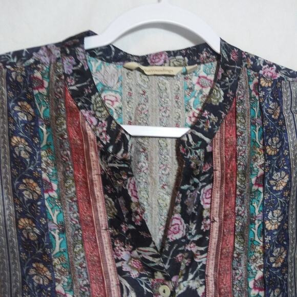 Soft Surroundings Milarepa Silk Puff Long Sleeve Floral Button Front Blouse Sz L - Picture 2 of 11